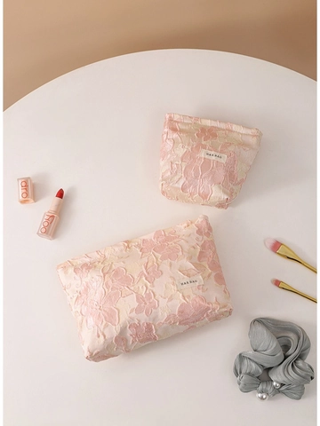 Makeup Bag Jacquard Floral Embossed Portable Travel Cosmetic Toiletry Storage Organizer Pink Sweet Style Women