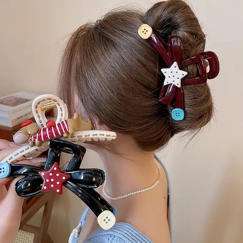 Fashion Acrylic Hair Claw Unique Star Button Bow Knot Shark Clip Retro Sweet Cartoon Dog Back Head Hair Accessories Women