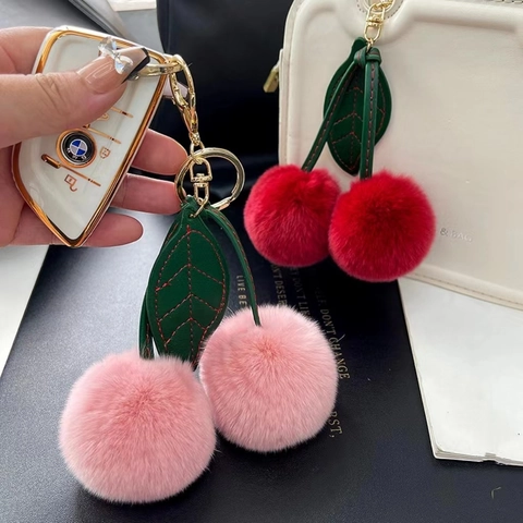 Porte-clés Cerise En Fourrure De Lapin Rex Pompon Bijou De Sac Avec Feuille En Cuir Anneau Métallique Mignon Femmes