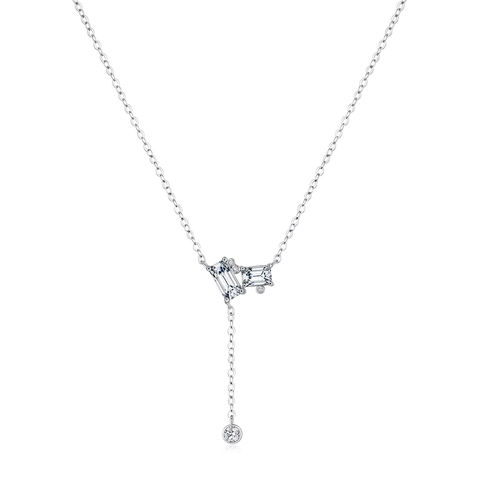 925 Sterling Silver Y Necklace Emerald Cut Geometric Cubic Zirconia Pendant Adjustable Lariat Elegant Jewelry For Women