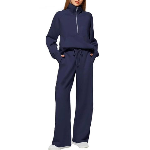 Women Casual Lounge Half Zip Pullover Sweatshirt And Wide Leg Drawstring Pants Polyester Spandex Soft Comfy Outfits