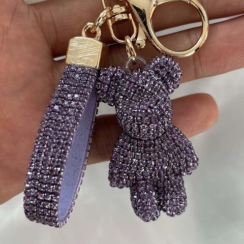 Rhinestone Bear Keychain Sparkling Crystal Violent Bear Pendant Bag Charm Bling Alloy Key Ring For Women Girls Gift
