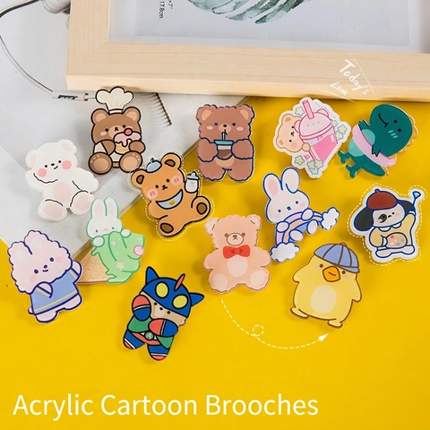 Cute Cartoon Animal Brooches Pins Acrylic Decorative Badges For Backpack Clothes Bear Rabbit Dog Jewelry Accessories