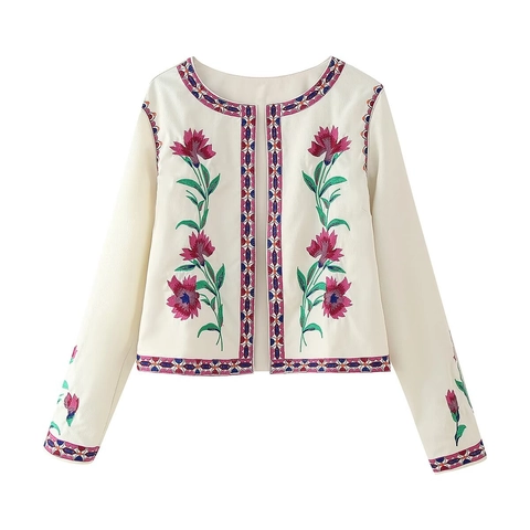 Dames Vintage Floral Geborduurde Korte Jas Ronde Hals Lange Mouwen Elegante Polyester Retro Bovenkleding Crème Jas