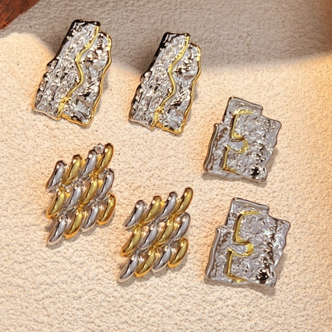 Stainless Steel Stud Earrings Bi-Color Gold Silver Irregular Wrinkled Hammered Texture Retro Style Women