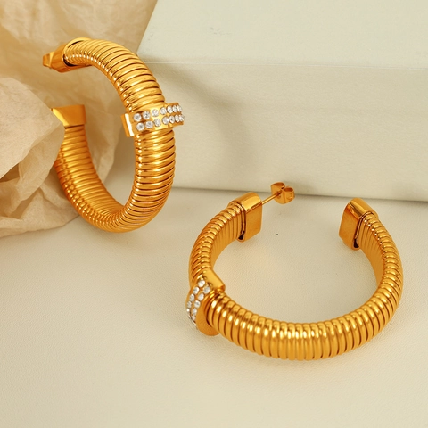 Luxury Stainless Steel Rhinestone Spiral Hoop Earrings For Women Gold Plated Geometric Fashion Jewelry Accessory For Daily Wear