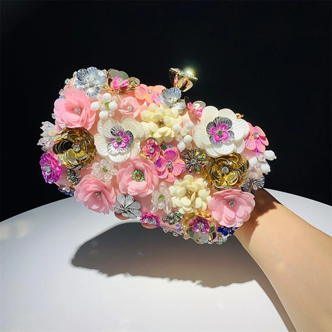 3D Flower Evening Clutch Bag Sequined Beaded Satin Wedding Party Handbag Metal Ring Handle Detachable Chain Strap