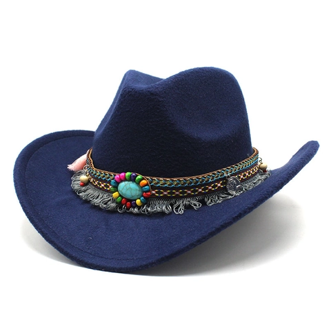 Western Cowboy Hat Polyester Felt Bohemian Style Ethnic Woven Band Turquoise Tassel Decor For Men Women Retro Fedora