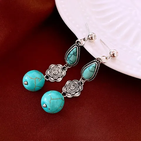 Orecchini Pendenti Turchese Vintage Boho Design Floreale In Lega Con Perno In Argento Sterling 925 Stile Etnico Donne