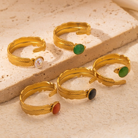 Vintage Titanstahl Feder Verstellbarer Ring Mit Naturstein 18K Vergoldet Luxusschmuck Für Damen Fingerring