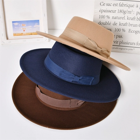 Fedora Hut Breitkrempig Filz Retro Britischer Stil Flacher Jazz Hut Mit Schleife Für Damen Elegant Vintage