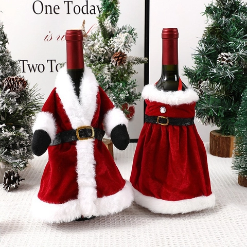 Housse De Bouteille De Vin De Noël Manteau Robe Père Noël Velours Rouge Fausse Fourrure Décoration De Table