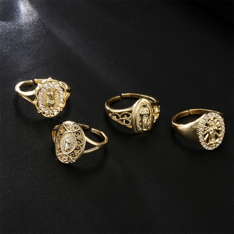 Jungfrau Maria Saint Jude Religiöser Offener Ring Gold Vergoldet Kupfer Zirkon Retro Hohler Schmuck Für Damen Herren