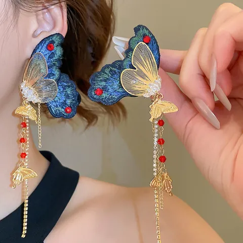 Boucles D'oreilles Papillon À Franges Avec Tissu Brodé Zircon Strass Tige En Argent Style Palais Vintage Pour Femmes