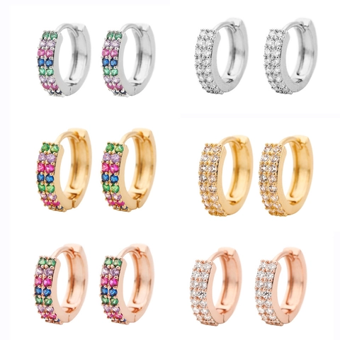 Double Row Zircon Copper Huggie Hoop Earrings Gold Silver Rose Gold Plated Colorful White Crystal Ear Buckle Women Jewelry