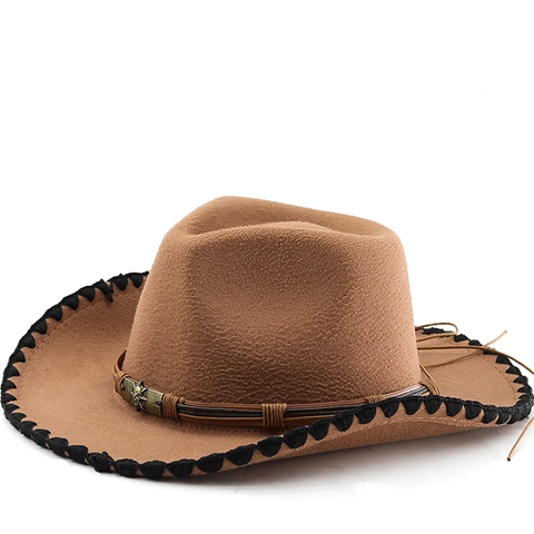 Western Cowboy Hat Cotton Polyester Felt Wide Brim With Whipstitch Edge And Metal Bull Head Badge Retro Outdoor