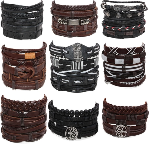 Bracelet Homme Multicouche Cuir Tressé Corde De Cire Alliage Hibou Arbre De Vie Charme Ajustable Vintage Cadeau