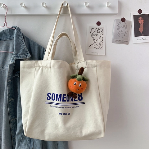 Canvas Tote Bag Large Capacity Shoulder Handbag Letter Print Minimalist Artistic Style Women Daily Shopping