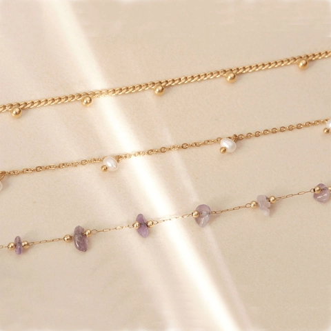 18K Gold Plated Stainless Steel Beaded Necklace For Women Artificial Pearl Natural Stone Chain Fashion Jewelry Elegant Gift