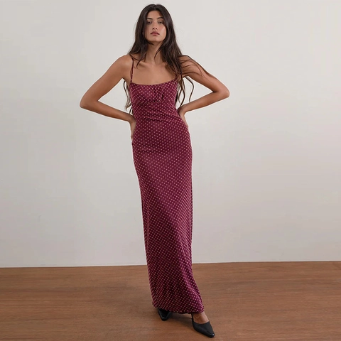 Sexy Backless Polka Dot Maxi Dress Polyester Spandex Burgundy Slim Fit Camisole French Style Evening Party Women