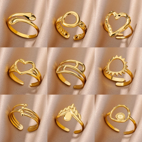 Adjustable Rings 18K Gold Plated Stainless Steel Heart Hollow Geometric Sun Snake Ginkgo Minimalist Jewelry For Women