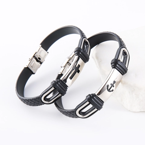 Bracciale Croce Ancora Acciaio Inossidabile 304 Silicone Braccialetto Strutturato Gioielli Religiosi Nautici Unisex