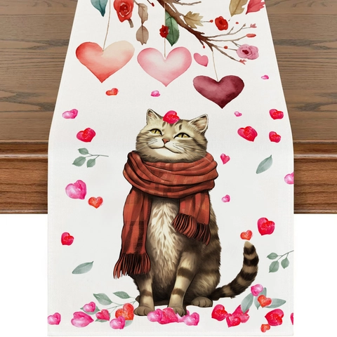 Valentine Day Table Runner Cute Cartoon Cat Red Heart Print Tablecloth Dining Room Romantic Decoration Home Table Decor