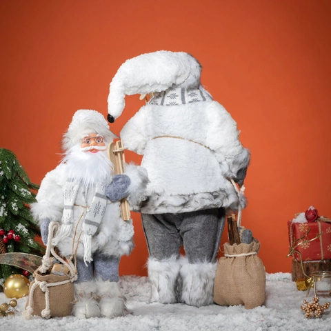 Figurine Père Noël Debout Fausse Fourrure Tissu Bois Ski Noël Décoration Table Maison Sac En Toile
