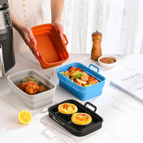 Rectangular Air Fryer Baking Tray Ninja Dz201410 Double Pull Basket Foldable Silicone Fryer Tray