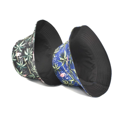 Chapeau De Seau Imprimé Flamant Tropical Palmier Polyester Protection UV Été Plage Extérieur Pare-Soleil Réversible