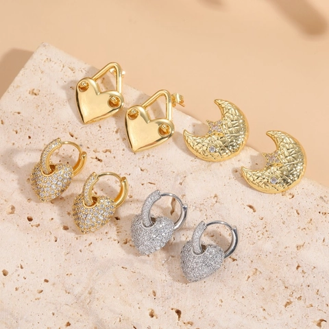 Orecchini Zirconia Cuore Luna Rame Placcato Oro 14K Stile Ins Gioielli Di Design Di Lusso Minimalisti Per Donna