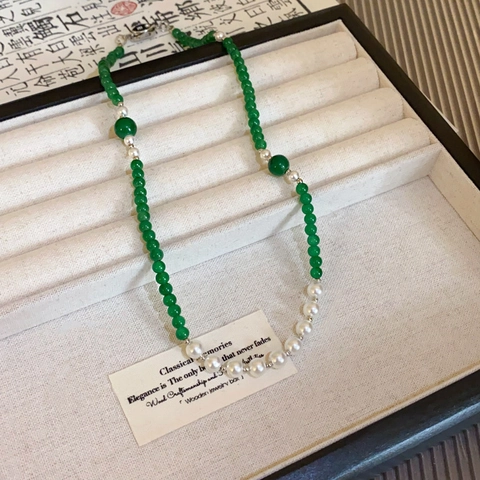 Retro Beaded Necklace With Faux Artificial Pearl And Green Glass Beads Elegant Clavicle Chain For Women Fashion Jewelry