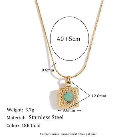 Square Pendant Necklace 18K Gold Plated Stainless Steel With Green Gemstone Hammered Texture Vintage Jewelry For Women