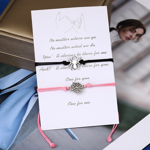 Bracelet Breloque Araignée Et Toile Corde Cirée Acier Inoxydable Tissé À La Main Ajustable Pour Couples Bijoux D'amitié