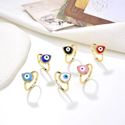 Anillo Ajustable de Cobre Ojo Turco para Mujer Circonia Esmalte Gota de Agua Banda Abierta Joyería de Dedo Vintage Regalo