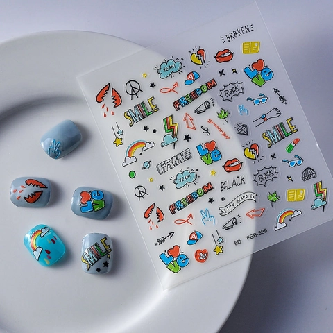 5D Reliëf Nagelkunst Stickers Graffiti Cartoon Stijl Waterdicht DIY Manicure Accessoires Decoratieve Stickers