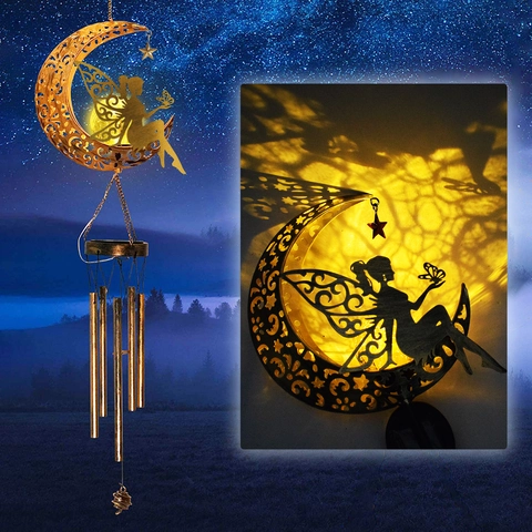 Solar Wind Chime Lights Outdoor Garden Decor Metal Hollow Moon Star Waterproof Warm LED Crackle Glass Ball Hanging