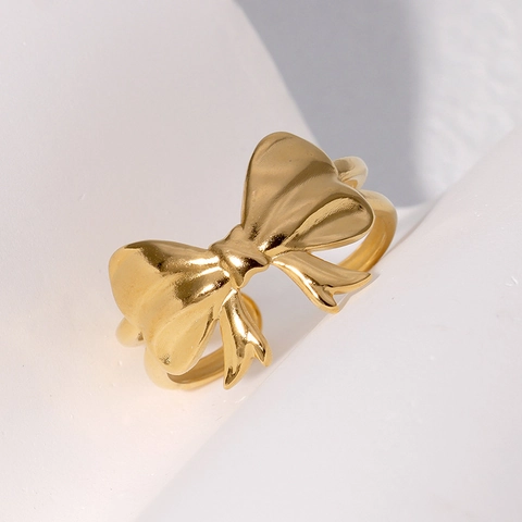Anello Aperto Con Fiocco Minimalista Placcato Oro 18K Acciaio Inossidabile Regolabile Gioielli Di Moda Regalo Per Donne