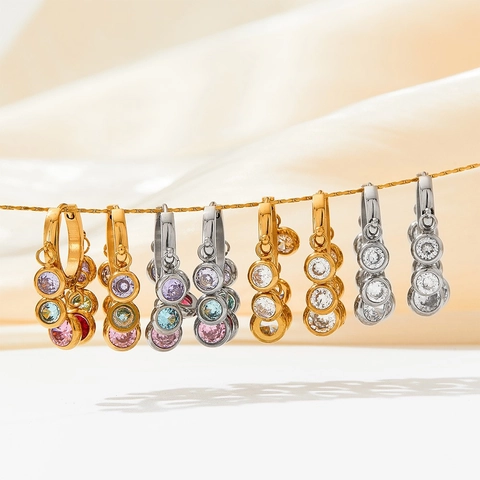 Hoop Earrings Stainless Steel With Multi Color Round Zircon Dangles Boho Fashion Jewelry For Women