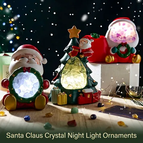 Christmas Night Light Ornament Natural Amethyst Quartz Resin Santa Claus Tree Apple LED Glowing Holiday Desktop Decor Gift