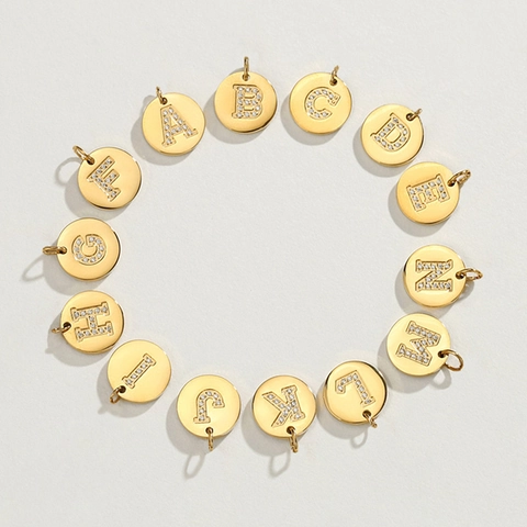 Stainless Steel Alphabet Letter Pendant 14K Gold Plated Round Disc Rhinestone Inlaid Charms For DIY Jewelry Making Accessories
