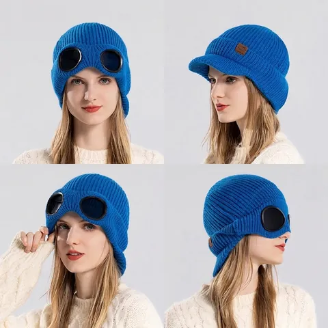 Goggle Beanie Hat Acrylic Knit Fleece Lined Windproof Warm Winter Outdoor Skiing Pilot Style For Women Men Adults
