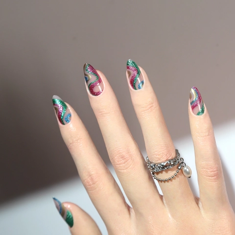 Uñas Postizas De Navidad Press On Forma De Almendra Larga Uñas Artificiales Brillo Colorido Diseño De Ondas Brillantes Para Mujeres