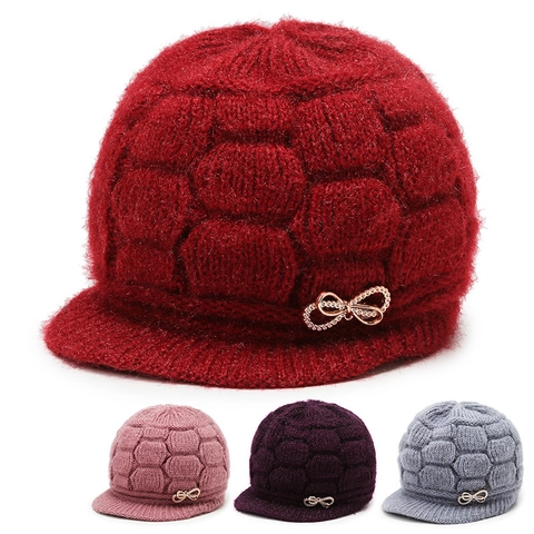 Dames Winter Gebreide Newsboy Pet Dikke Warme Fleece Gevoerde Beanie Met Klep Strass Metalen Strik Honingraat Textuur Elegant