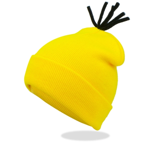 Yellow Knitted Beanie Hat With Black Hair Strands Cartoon Style Soft Acrylic Winter Warm Novelty Headwear For Cosplay