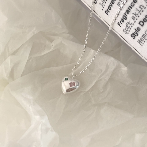 925 Sterling Silver Heart Pendant Necklace Pink Green Zircon Inlaid Korean Minimalist Sweet Romantic Jewelry For Women