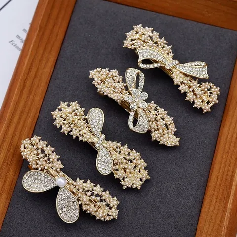 Elegant Faux Artificial Pearl Rhinestone Hair Clip Zinc Alloy Spring Bowknot Flower Design Vintage Hairpin Accessories For Women Girls