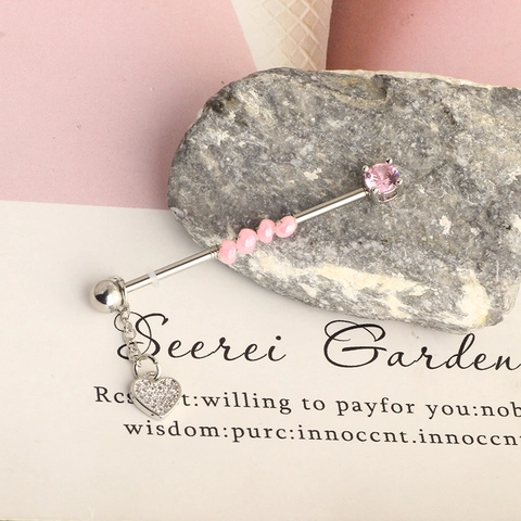 Stainless Steel Industrial Barbell Piercing Long Bar With Chain Heart Butterfly Pendants Zirconia Beads Body Jewelry