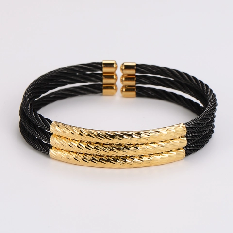 Minimalist Stainless Steel Cable Wire Cuff Bangle Triple Layer Textured Electroplated Jewelry For Men
