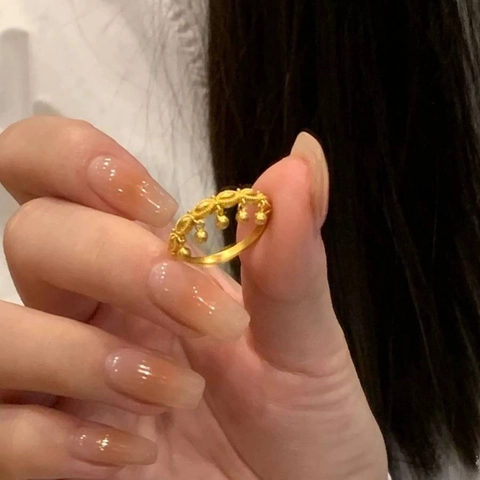 Korean Style Gold Plated Copper Tassel Ring For Women With Round Beads Elegant Adjustable Open Index Finger Ring Fashion Jewelry